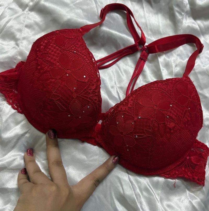 Red Lace Bra with Rhinestones