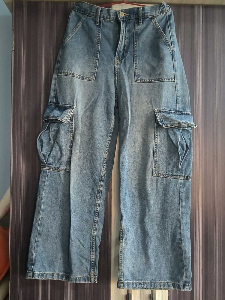 Trendy Wide Leg Denim Cargo Pants