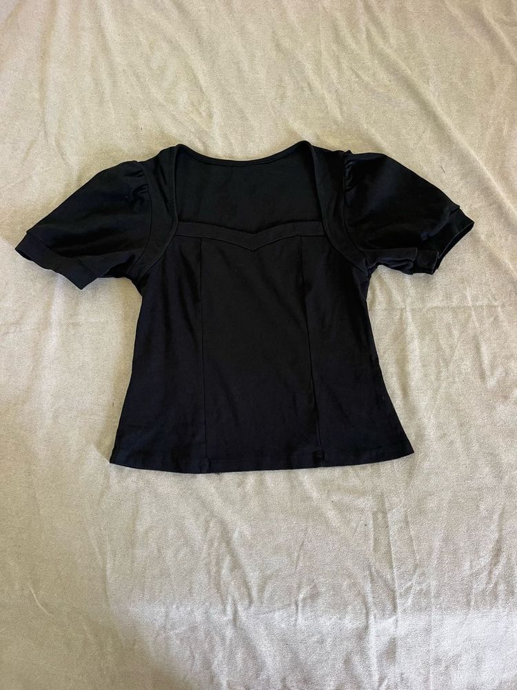 Black Puff Sleeve Square Neck Top