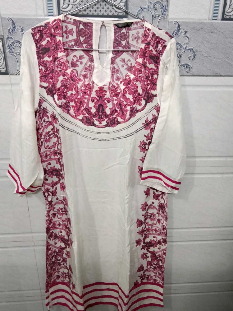 White Kurta with Pink Print and sequins on sleeves