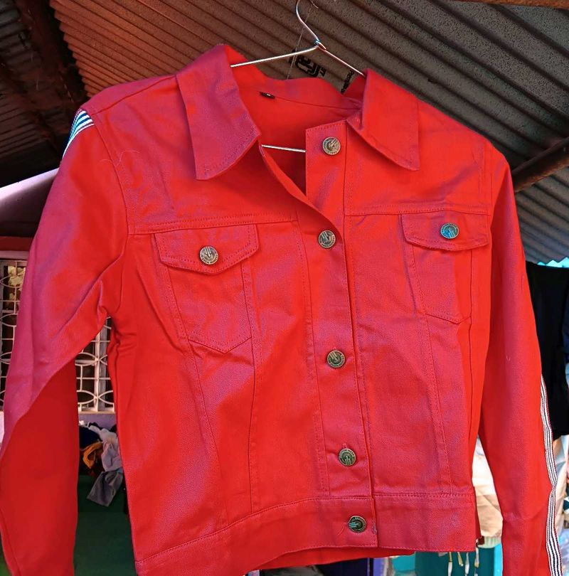 Red Button-Down Jacket Denim