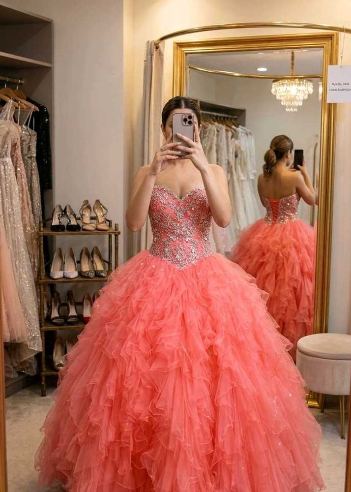 Stunning Coral Ruffled Ball Gown