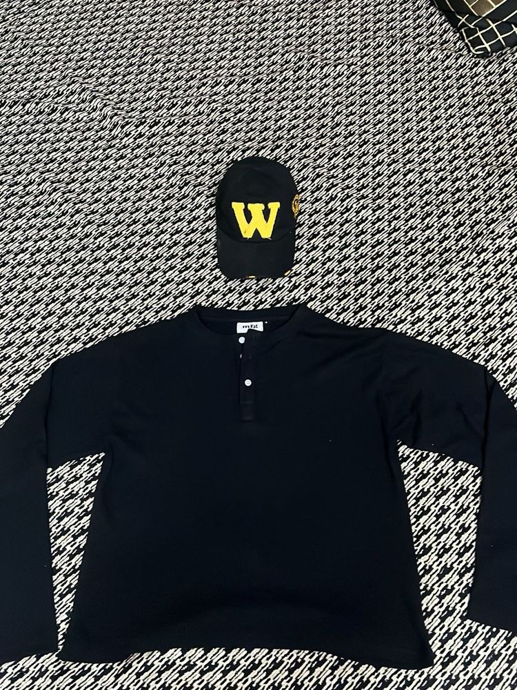 Men's Black Long Sleeve Henley Shirt &amp; Cap