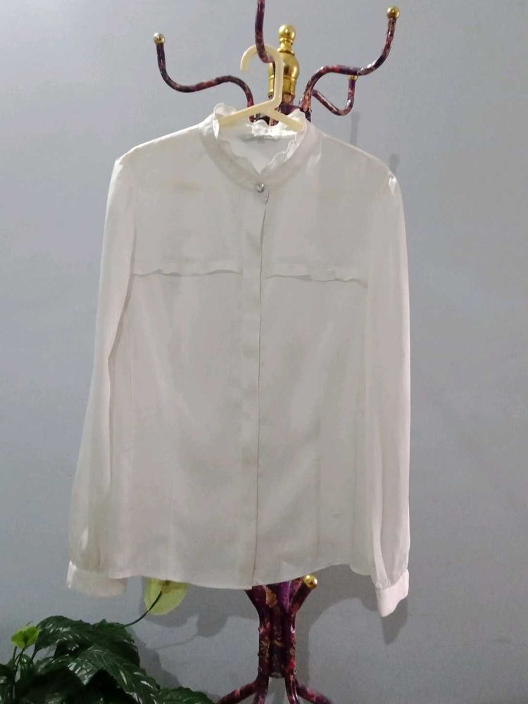 Elegant White Sheer Button-Up Blouse