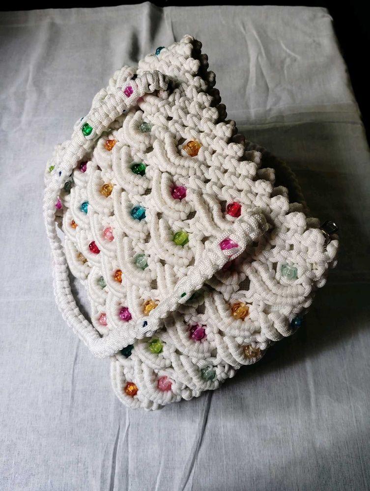 Handmade Off-white Macrame Bag with Beads