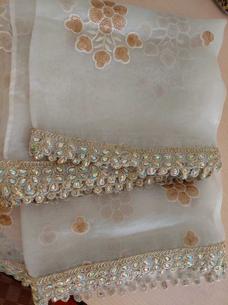 Ivory/Off-White Gold Embroidered Dupatta