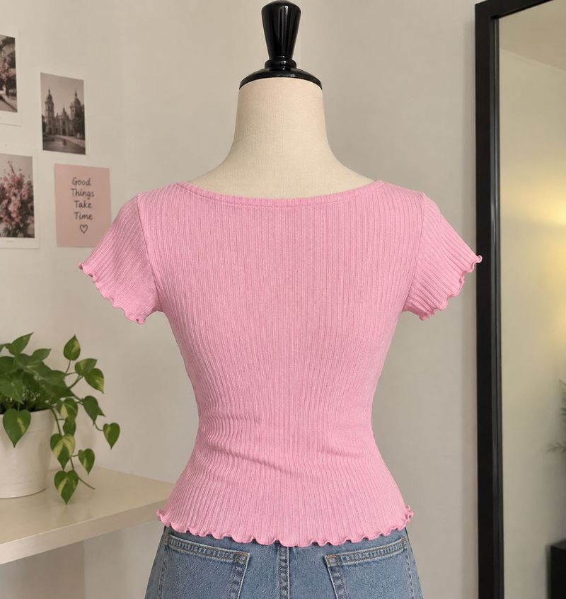 Cute Pink Ribbed Lettuce Hem Top