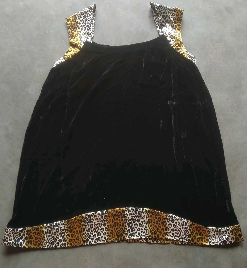 Black Velvet Top with Leopard Print Trim