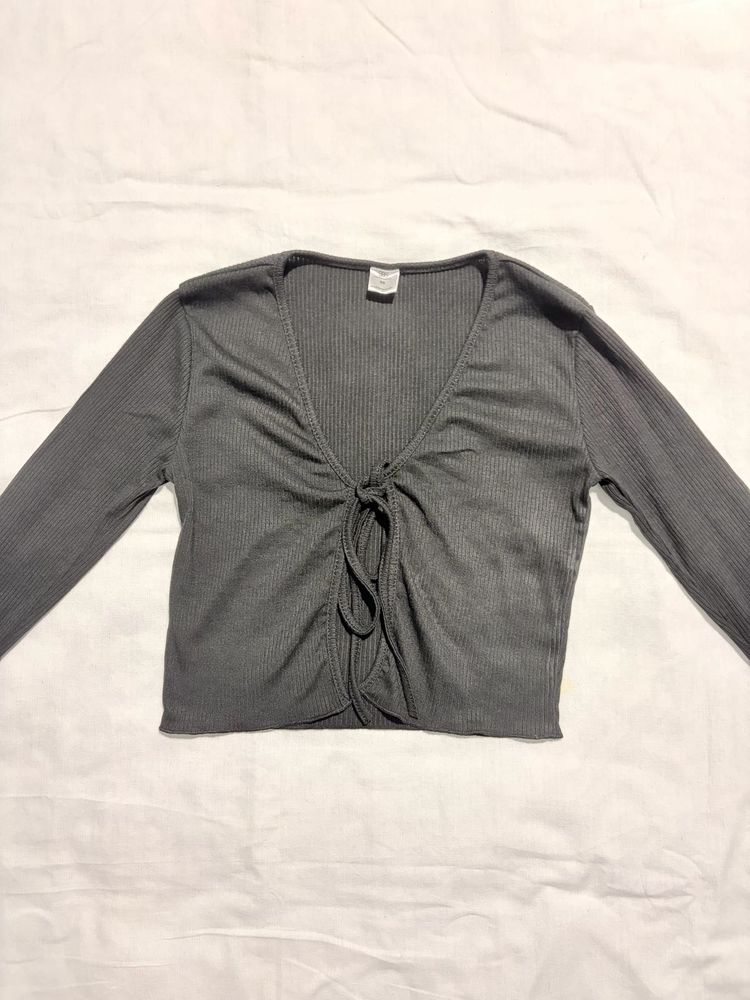 SSS Black Tie-Front Ribbed Top
