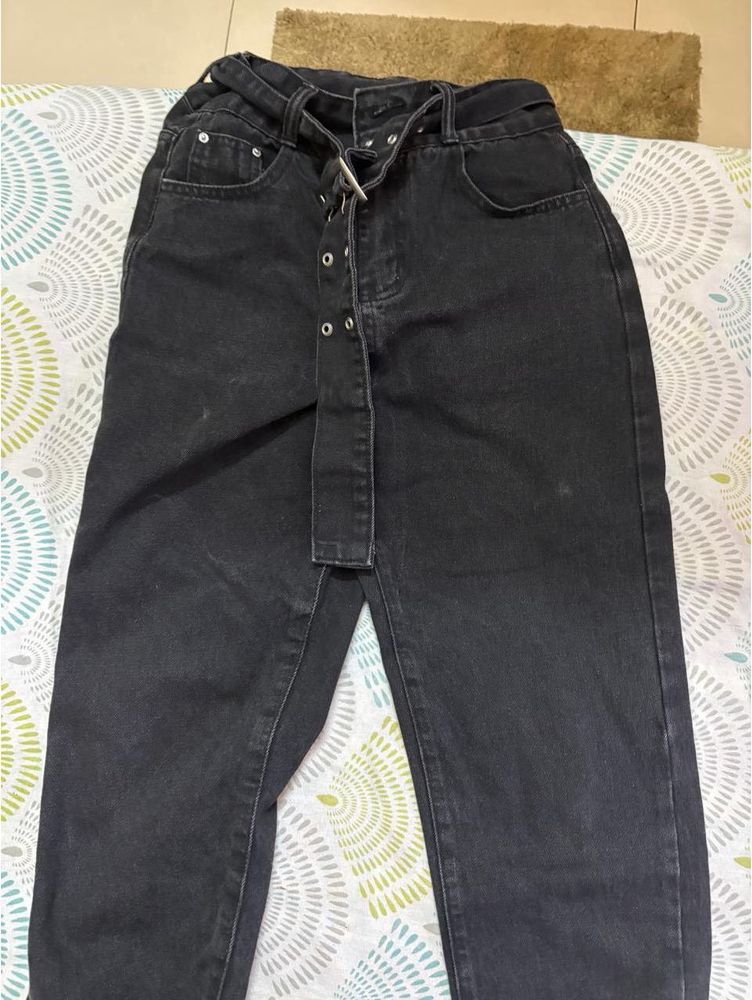 Black High-Waisted Belted Denim Jeans