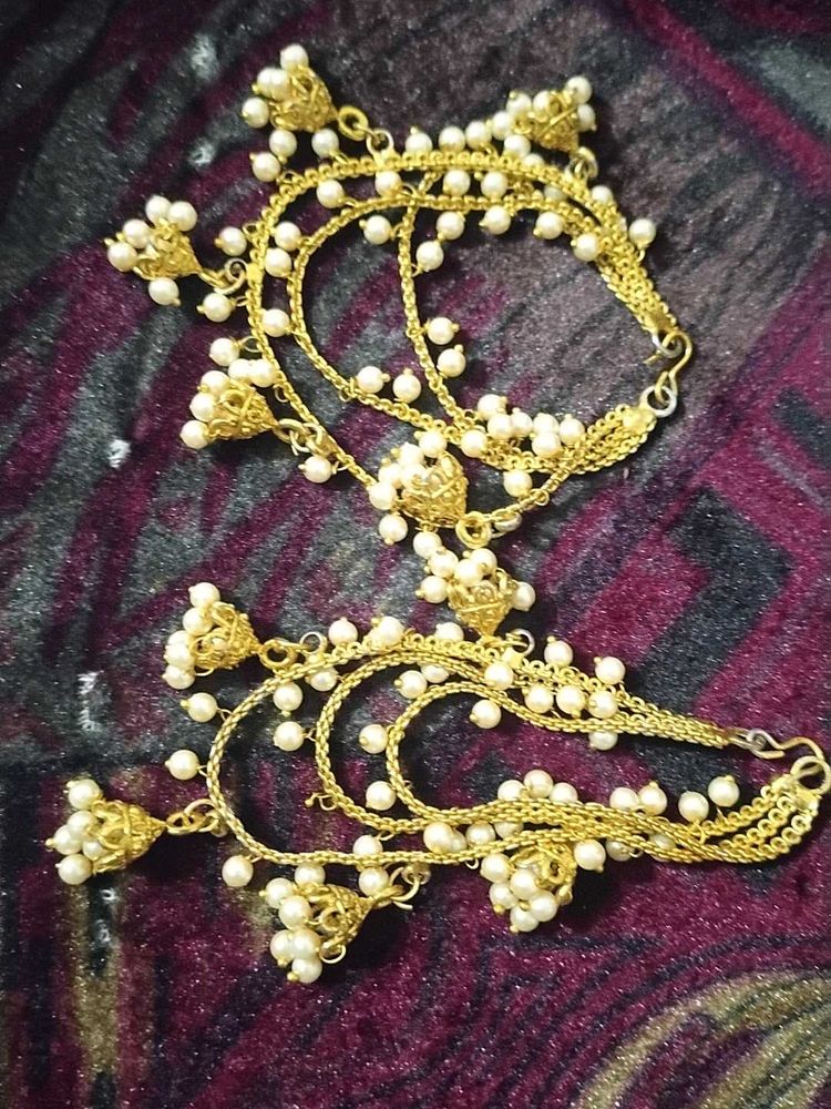 Two Pair of Exquisite Pearl &amp; Gold Tone Jhumka Ear