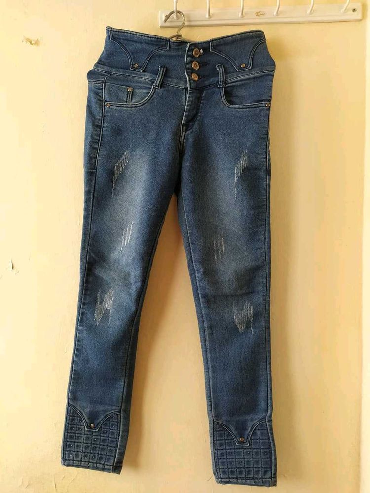 High Waisted Blue Jeans with Embellished Cuffs