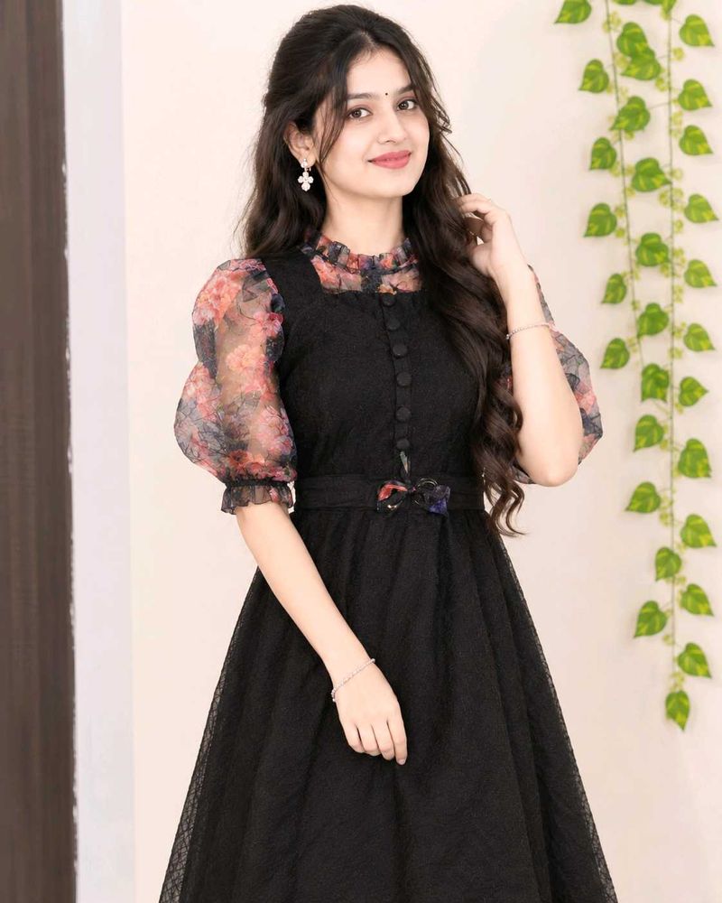 Elegant Black Dress with Floral Sleeves