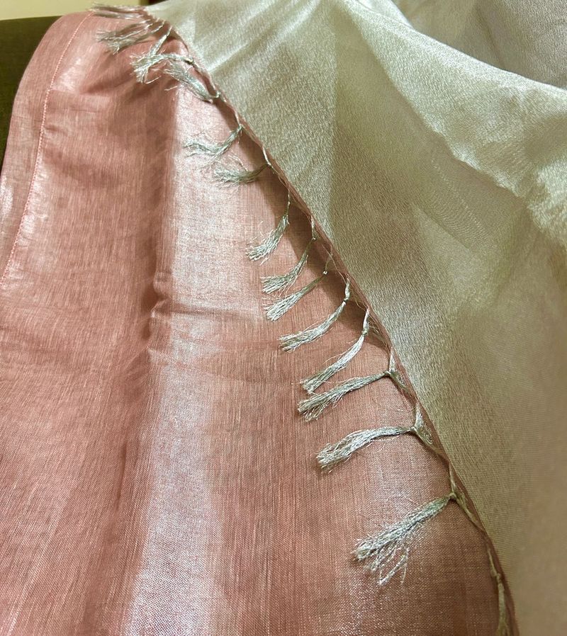 Pink &amp; Silver Linen Zari Saree
