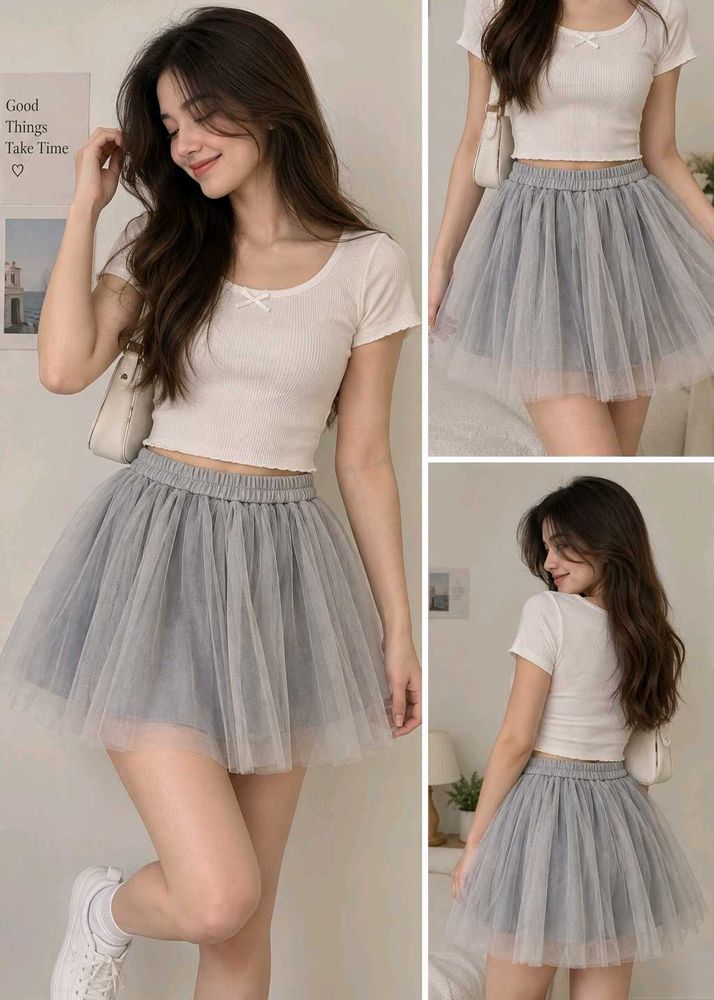 Cute Grey Tulle Mini Skirt