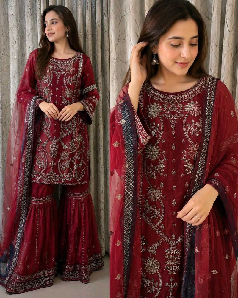 Maroon Embroidered Kurta Set with Sharara
