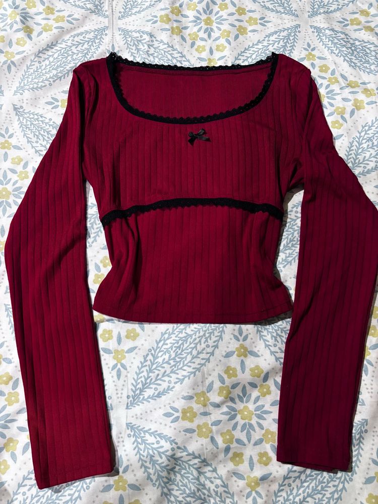 Cute Red Ribbed Long Sleeve Top