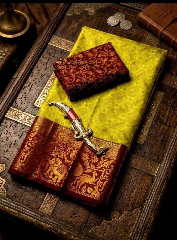 Exquisite Yellow &amp; Maroon Silk Saree