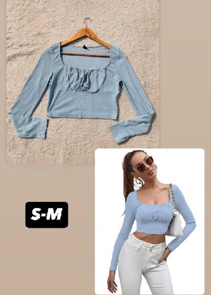 Chic Blue Ribbed Long Sleeve Crop Top