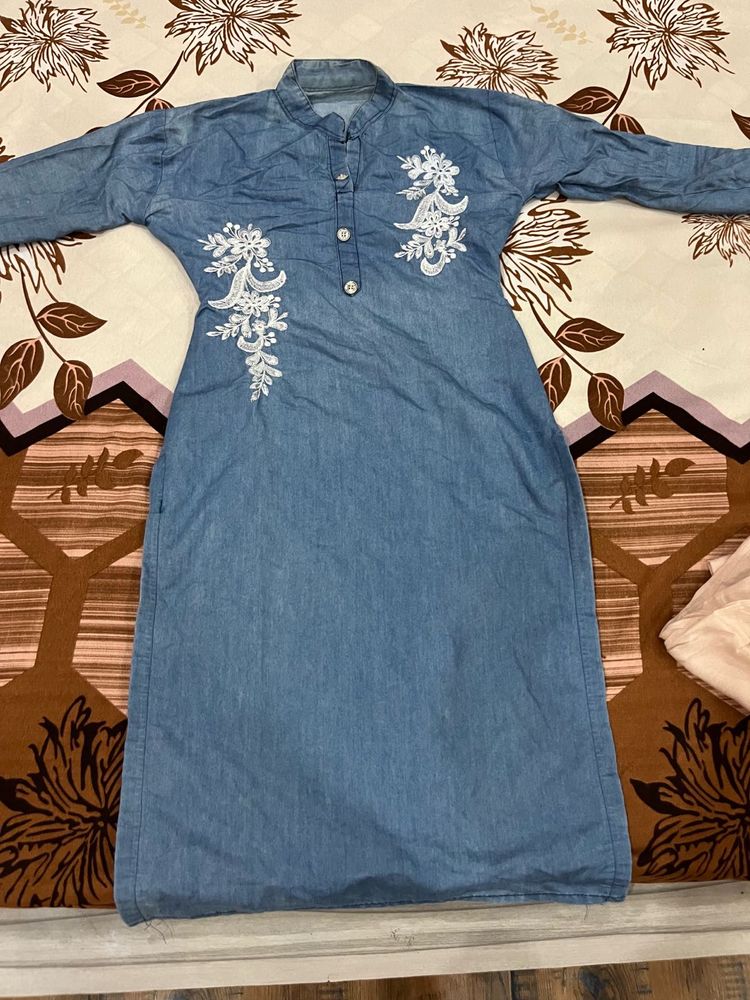 Denim Kurta with Embroidery