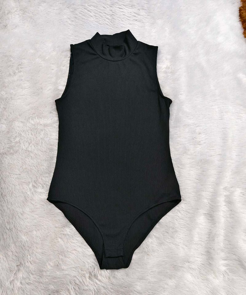 H&amp;M Black Ribbed Mock Neck Bodysuit