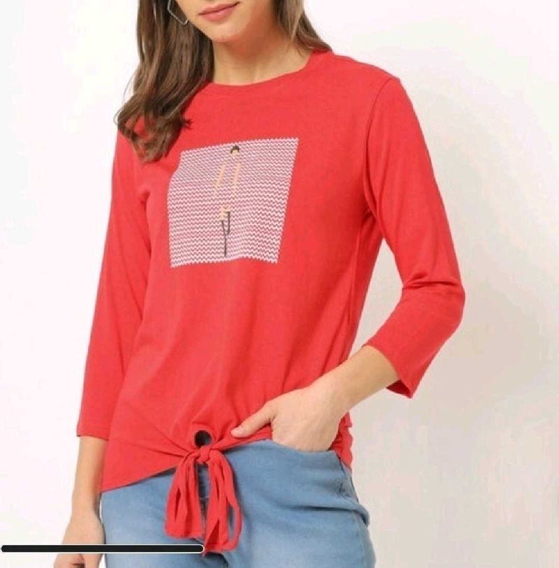 Vibrant Red 3/4 Sleeve Top with Unique Print