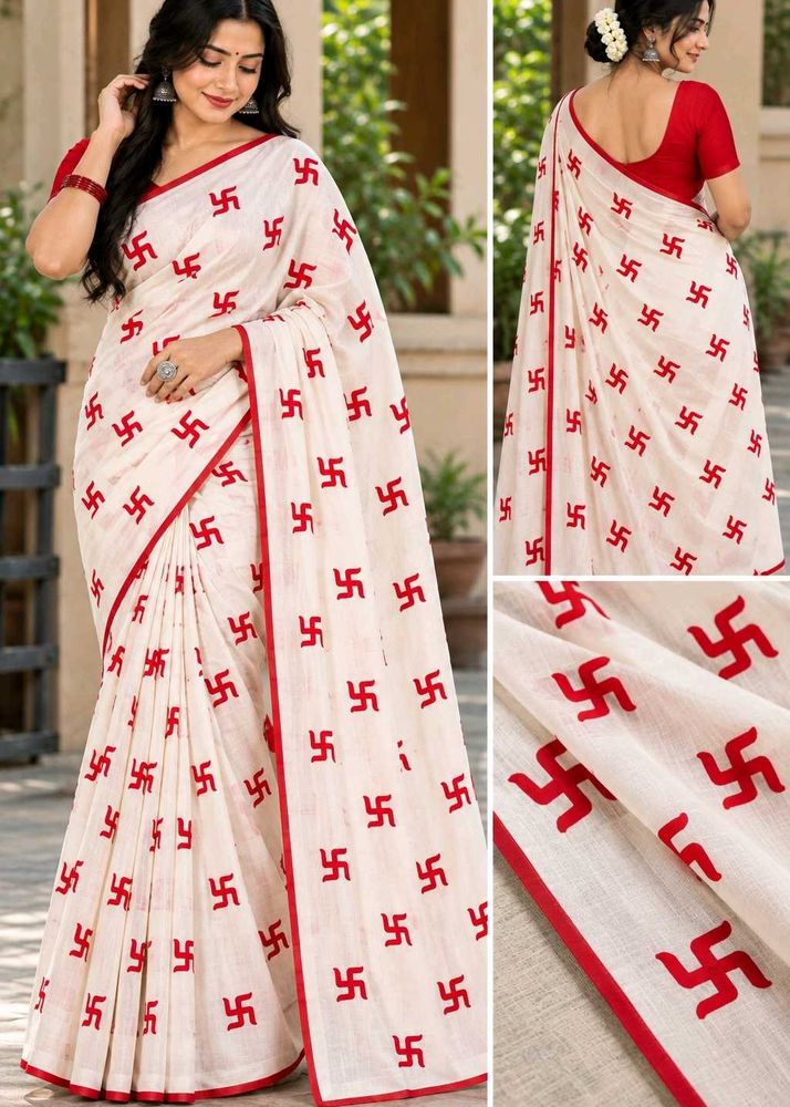 White Red Swastik Print Saree