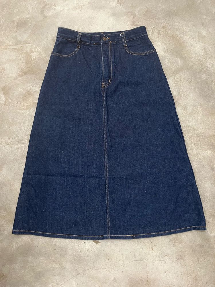Vintage Dark Blue A-Line Maxi Denim Skirt | Waist