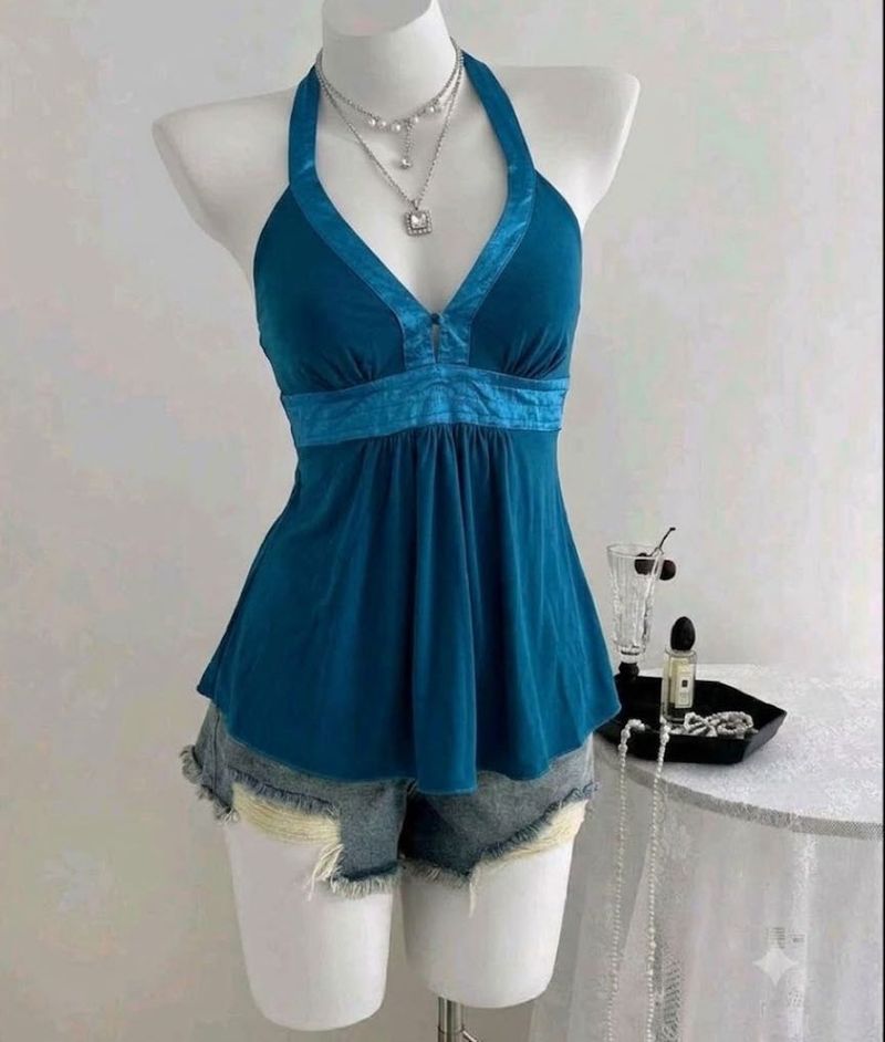 y2k teal halter neck top