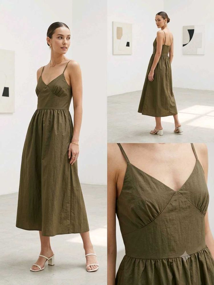 Olive Green Spaghetti Strap Midi Dress