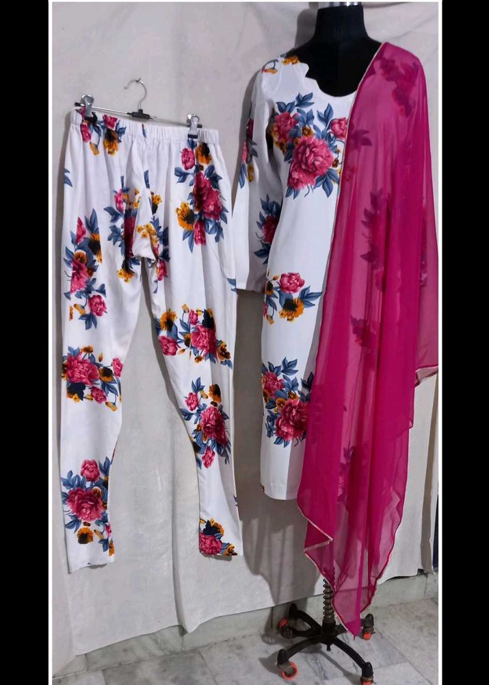 White Floral Print Kurta Set with Dupatta