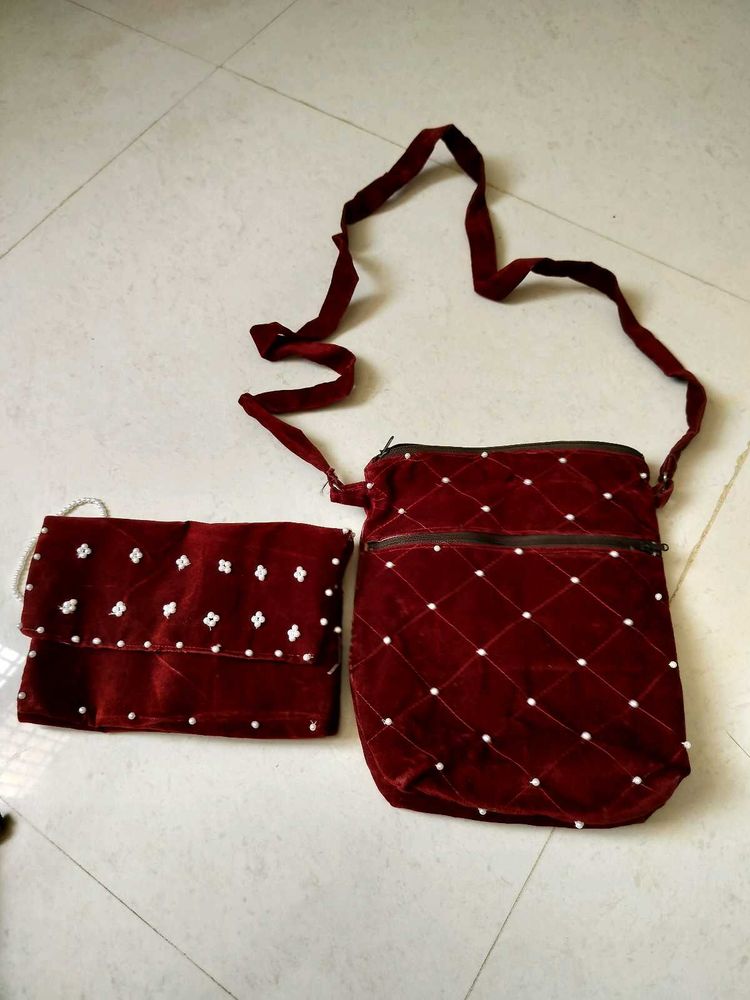 2 Maroon Velvet Clutch &amp; Sling Bag Set
