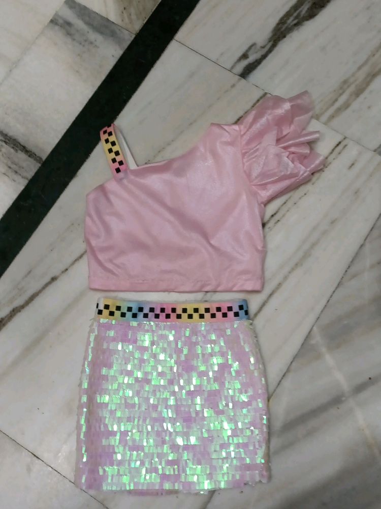 Pink One-Shoulder Sequin Skirt Set