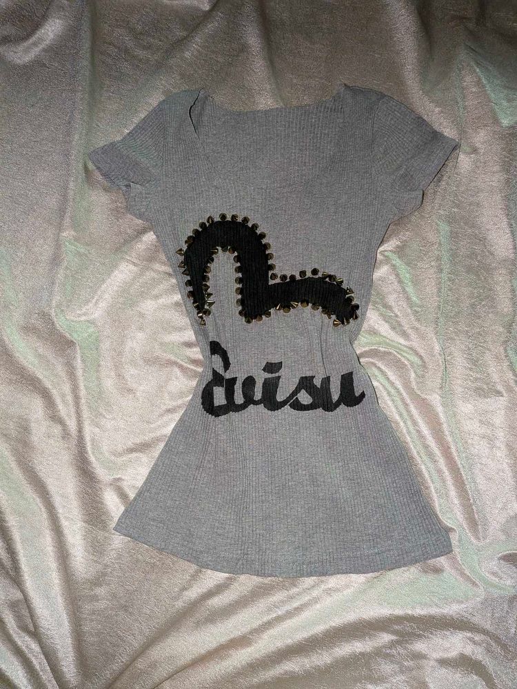 Evisu Grey Ribbed Studded Graphic T-Shirt