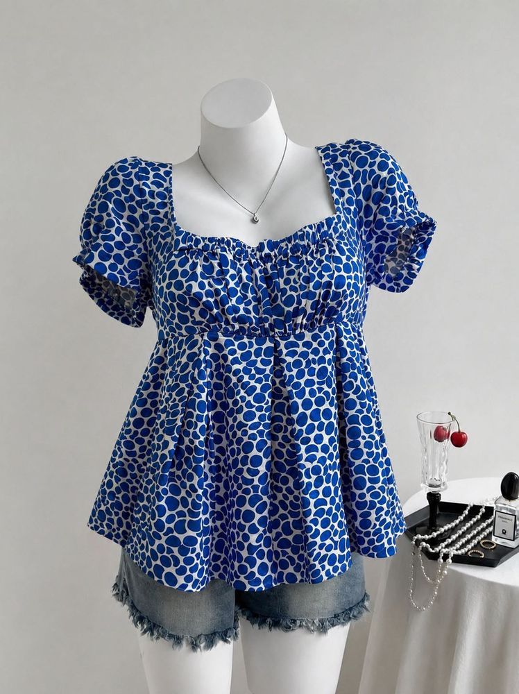 Y2K Blue &amp; White Polka Dot Babydoll Top