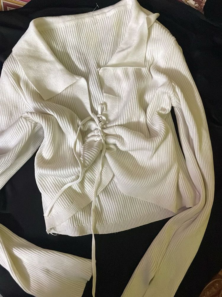 Ribbed White Collared Knit Top