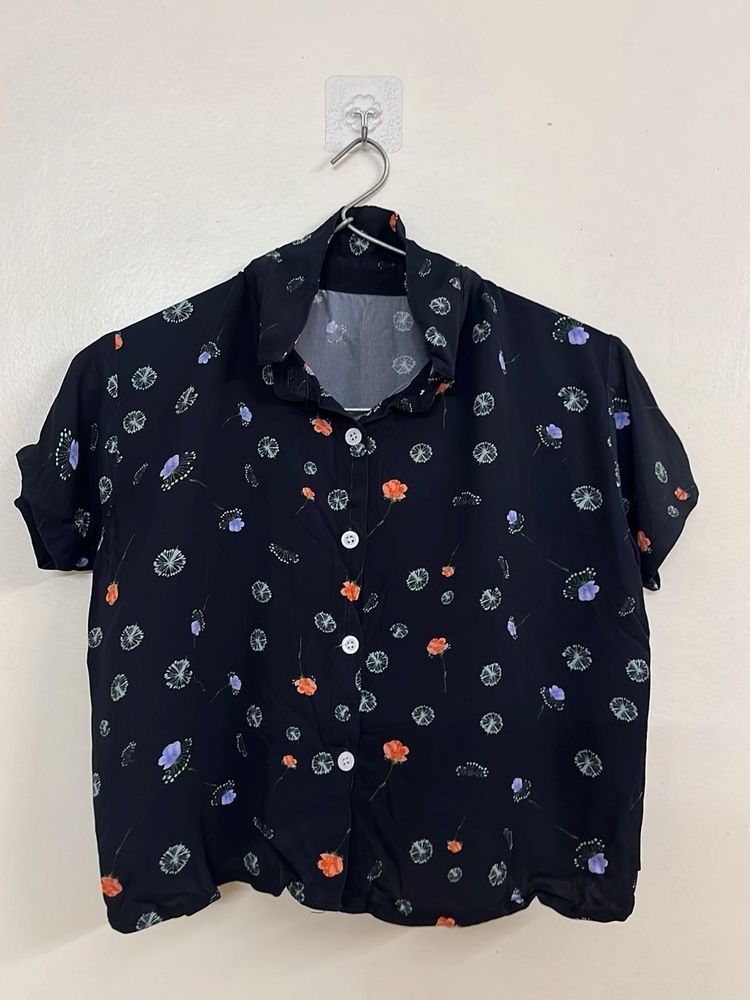 Black Floral Print Button-Up Shirt