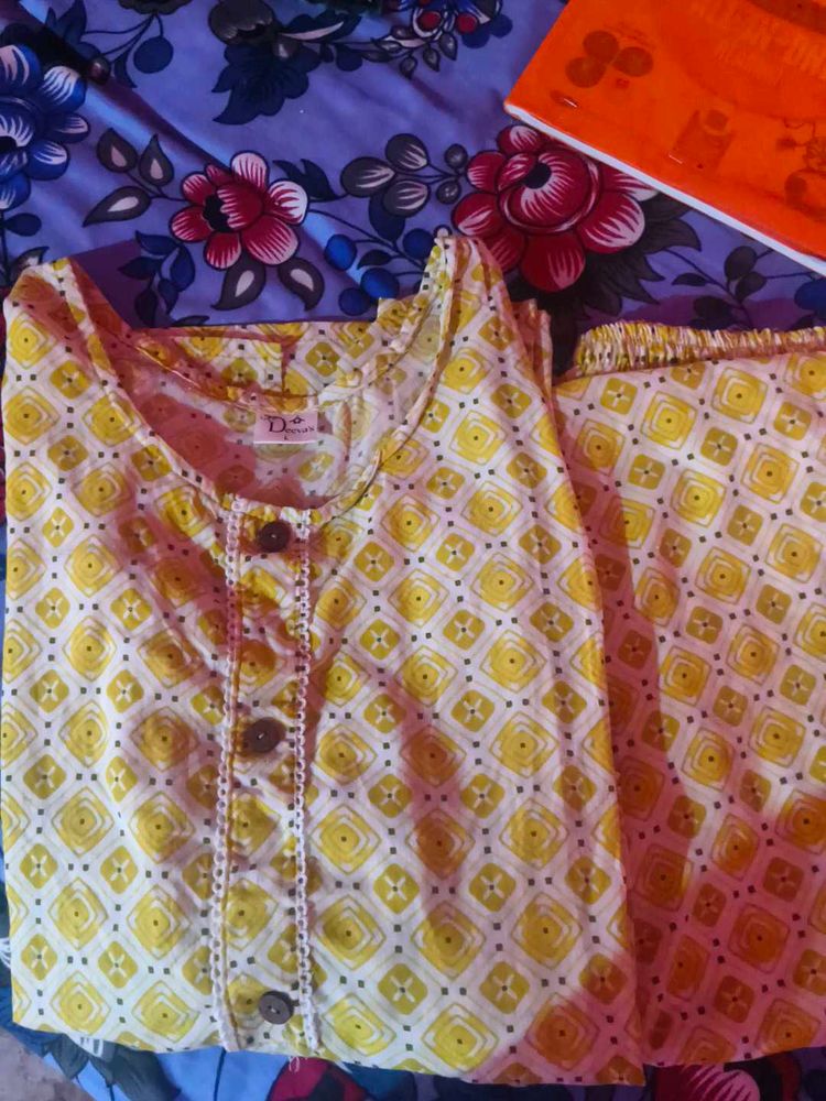 Yellow Printed Kurta pant set L size