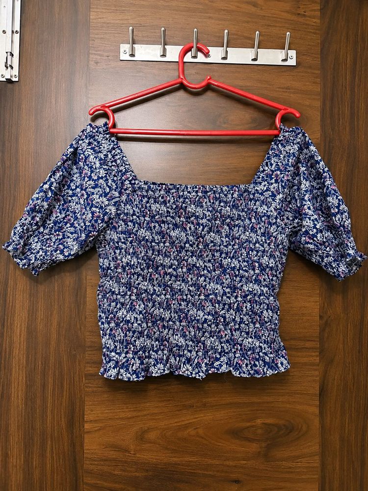Madame Navy Floral Puff Sleeve Smocked Top