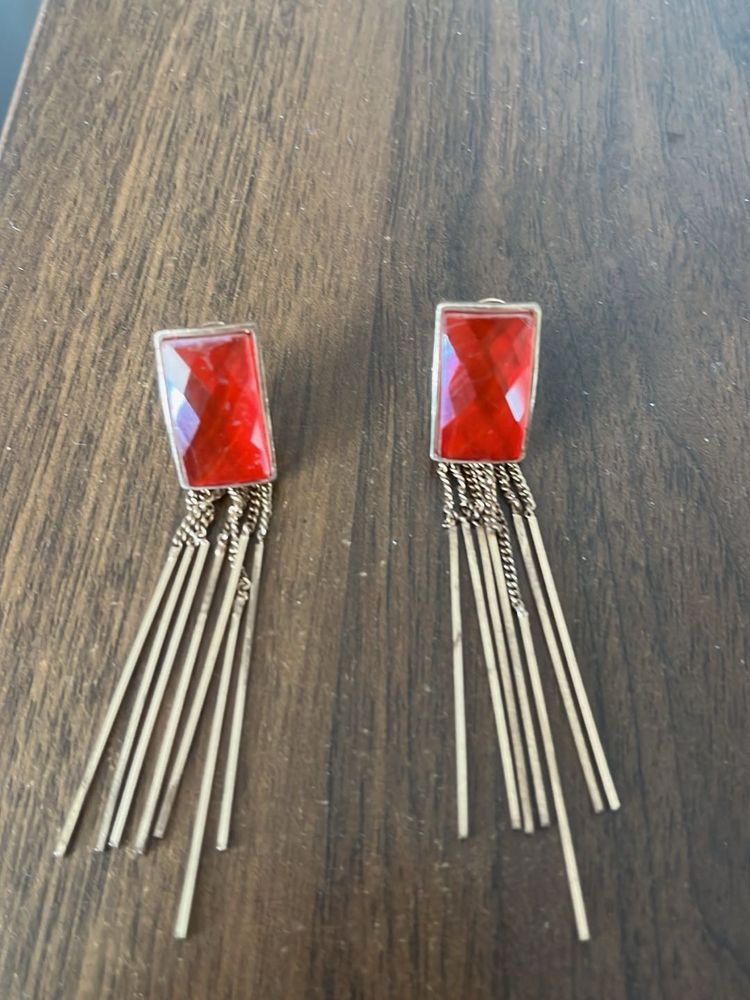 Red Stone Tassel Earrings