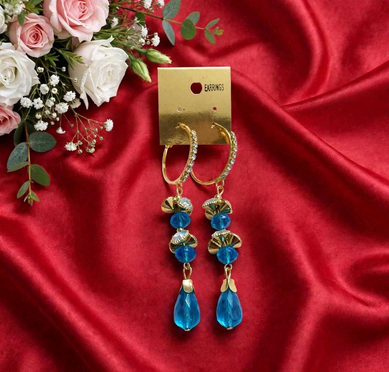 💖 Blue Crystal Drop Hoop Earrings - Designer Part