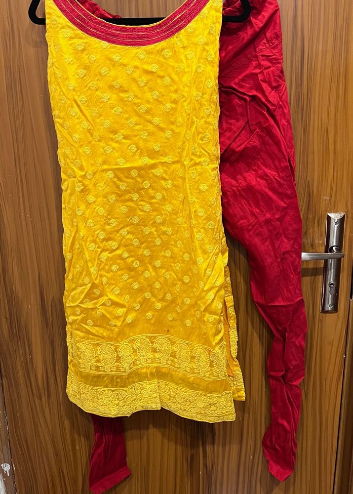 chikankari work , Yellow Kurta Set with Red Pants