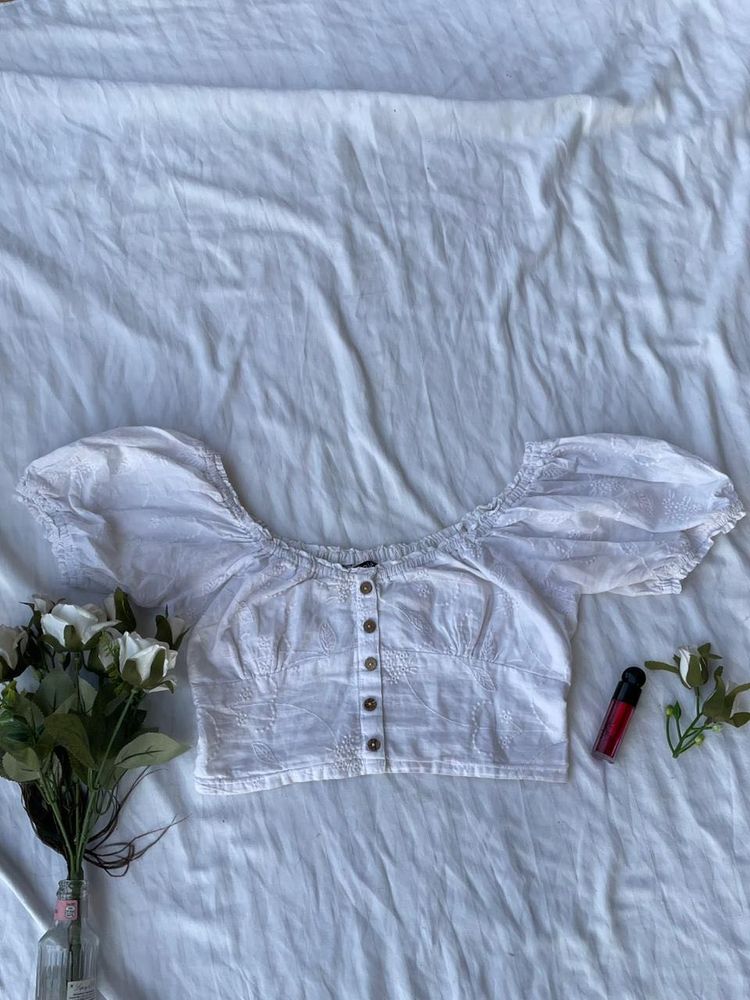 White Embroidered Off-Shoulder Crop Top