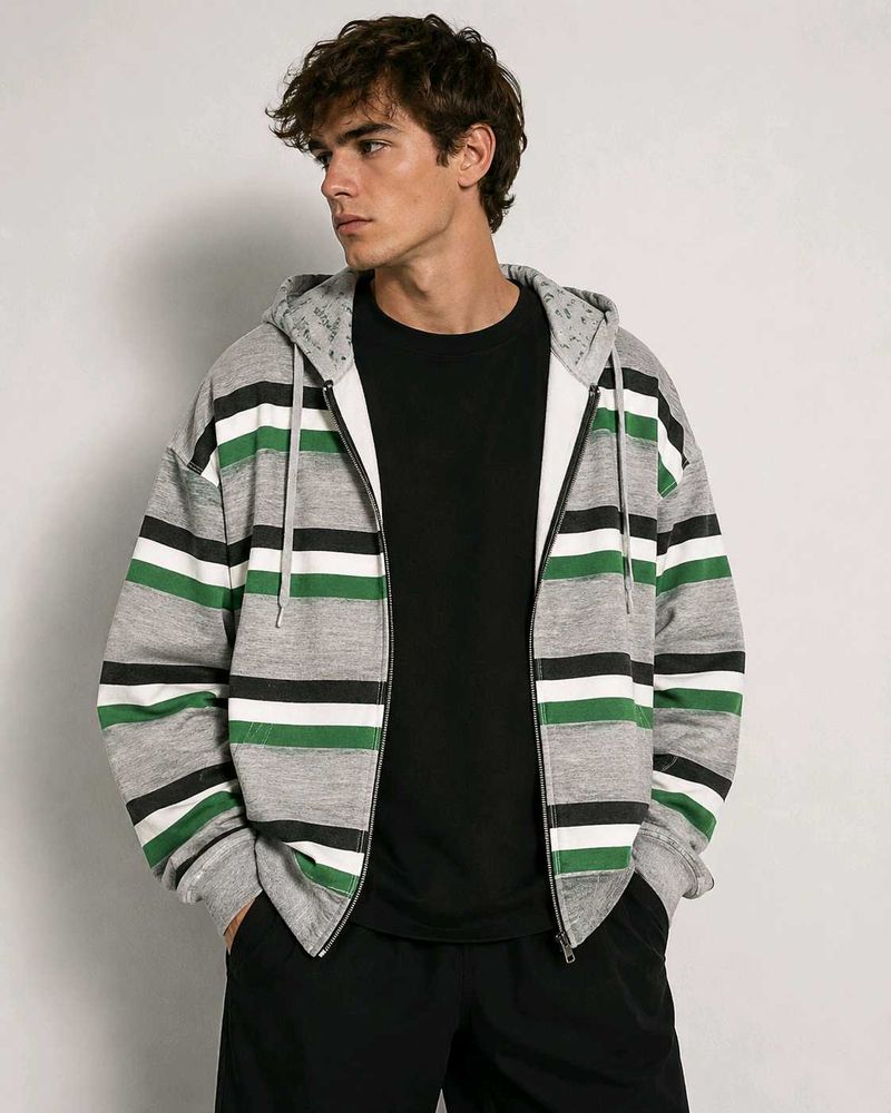 Striped Hooded Zipper Jacket