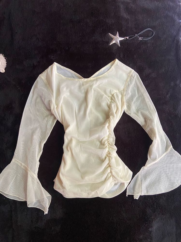 Sheer Bell Sleeve Ruched Top