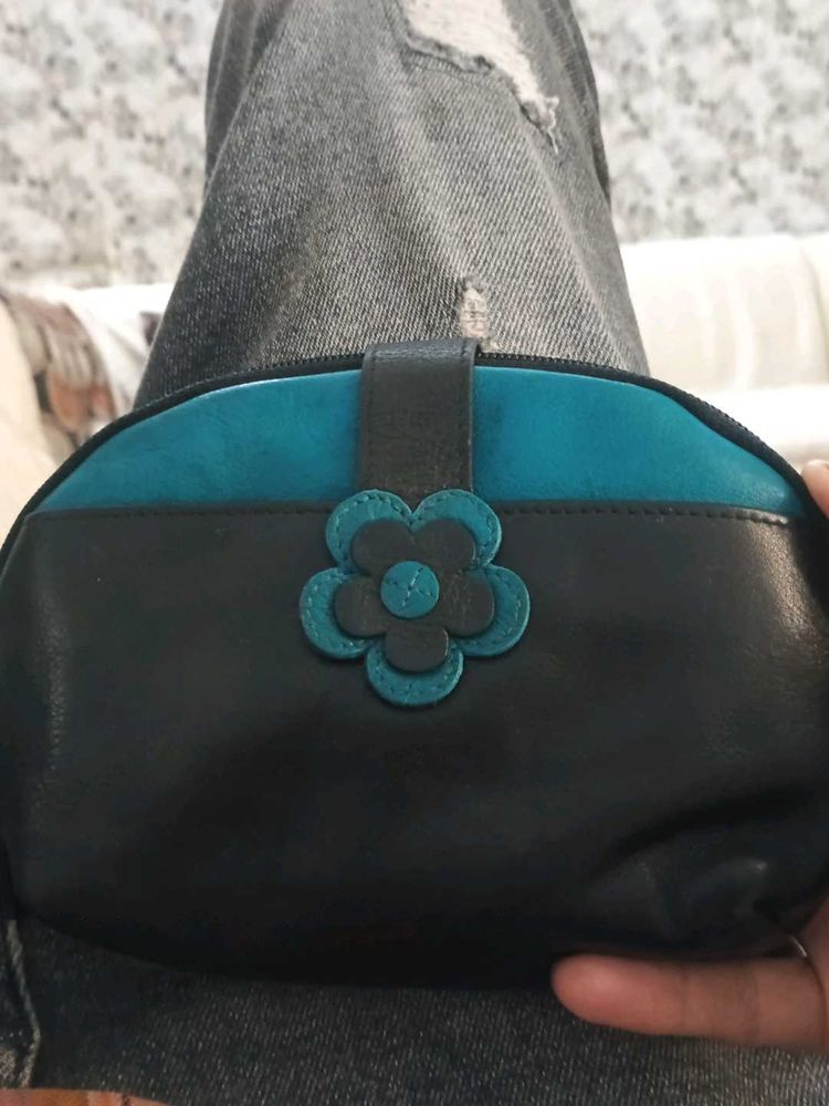 Chic Black and Teal Pouch with Flower Detail