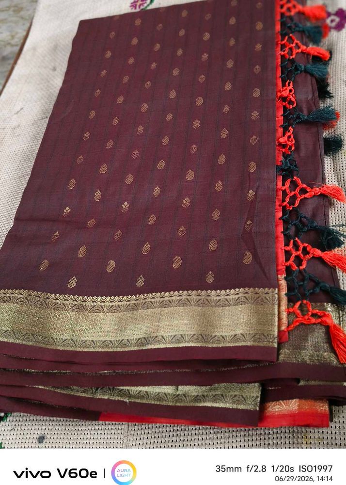 Maroon Saree with Gold Border &amp; Tassels
