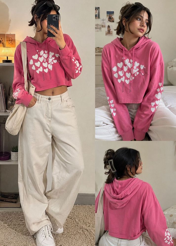 Pink Heart Print Cropped Hoodie