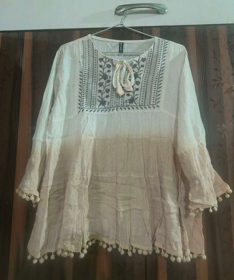 Embroidered Kurta with Tassels &amp; Pom-Poms