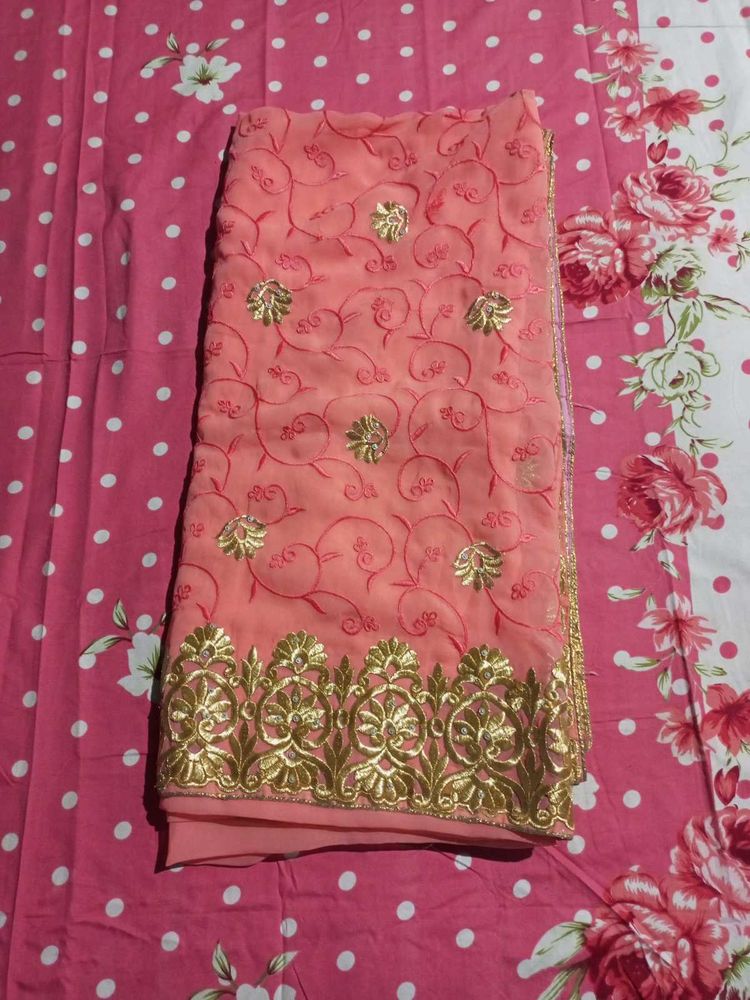 Peach Embroidered Saree used